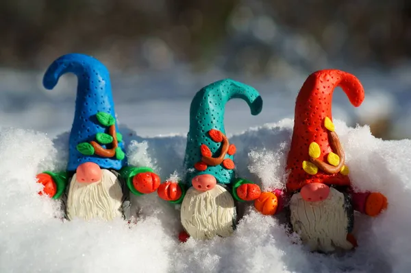 Three Fairy Gnomes Snowy Forest — Stock Photo, Image