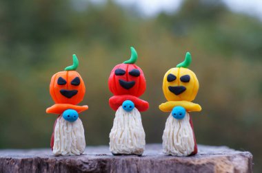 Renkli balkabaklarıyla süslenmiş plastikten yapılmış üç muhteşem cüce. Cadılar Bayramı konsepti.