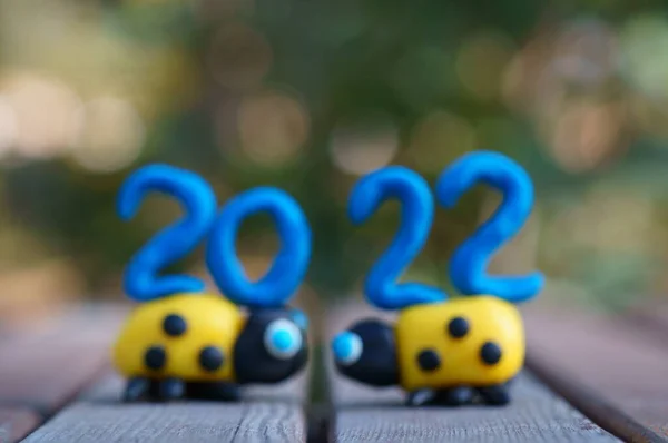 Número 2022 Dos Mariquitas Hechas Plastilina Fecha Del Calendario Evento —  Fotos de Stock