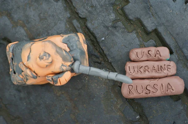 Toy Tank Made Plasticine Tower Cannon Close Next Inscription Russia — Stock Photo, Image
