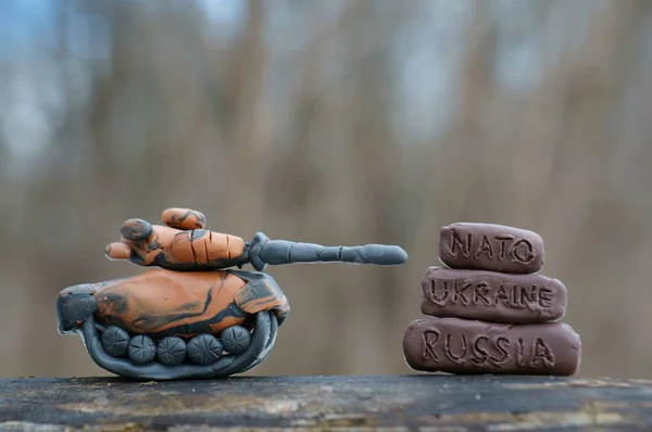 Toy Tank Made Plasticine Tower Cannon Close Next Inscription Russia — Stock Photo, Image