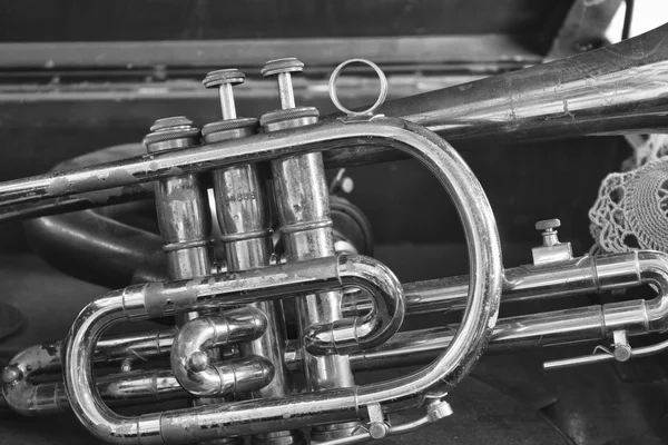 Primer plano de una trompeta en un caso — Foto de Stock
