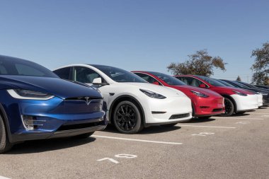 Indianapolis - Ekim 2021: Tesla EV elektrikli araçlar sergilenmektedir. Tesla ürünleri arasında elektrikli arabalar, batarya enerji deposu ve güneş panelleri yer alıyor.