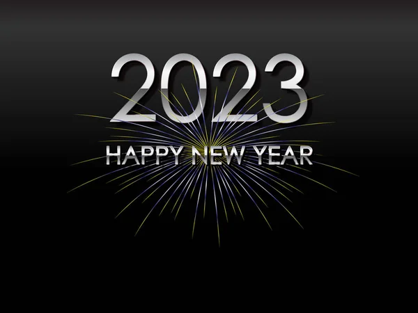 2023 Happy New Year Chrome Text Fireworks Black Background Vector — Image vectorielle