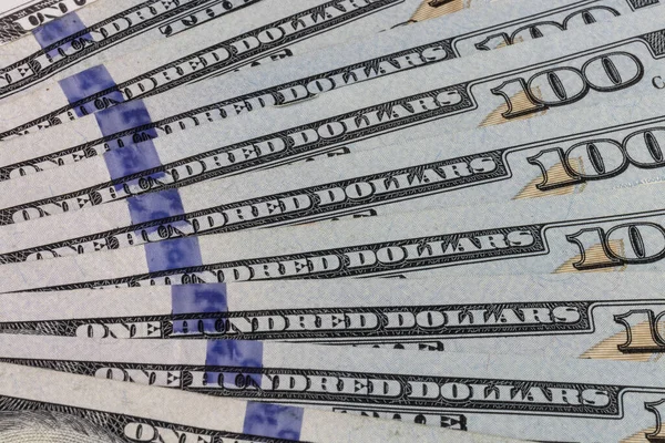 One Hundred Dollar Bills Fanned Line 100 Dollar Banknotes Spread — Zdjęcie stockowe