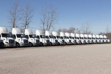 Indianapolis - Circa January 2022: Freightliner Semi Tractor Trailer Trucks Lined up for sale. Freightliner is owned by Daimler.