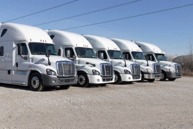Indianapolis - Circa January 2022: Freightliner Semi Tractor Trailer Trucks Lined up for sale. Freightliner is owned by Daimler.