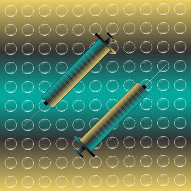 Hipodermik iğne veya akuamarin yeşil ve sarı arkaplan ve baloncuklu tıbbi şırınga çizimi.