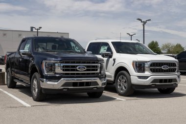 Fishers - Mayıs 2022: Ford F-150 bir galeride sergileniyor. Ford F150 XL, XLT, Lariat, King Ranch, Platinum ve Limited modellerinde mevcuttur..