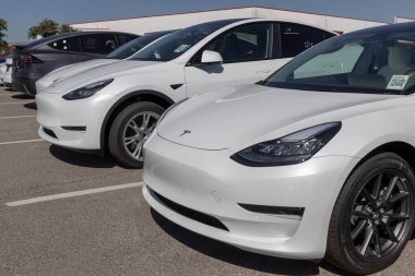 Indianapolis - Yaklaşık Haziran 2022: Tesla EV elektrikli araçlar sergilenmektedir. Tesla ürünleri arasında elektrikli arabalar, batarya enerji deposu ve güneş panelleri yer alıyor.