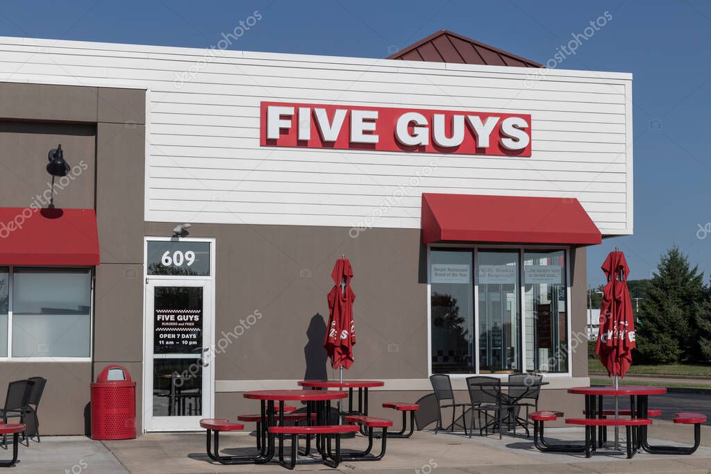 Harrison - Circa July 2022: Five Guys burgers and fries restaurant. Five Guys is a fast casual restaurant chain that offers peanuts in the shell.