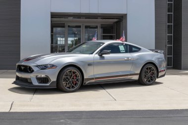 Plainfield - Temmuz 2022: Ford Mustang bir galeride sergileniyor. Mustang 'ler temel model olan GT, Mach 1 veya Shelby GT500 ile sipariş edilebilir..