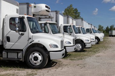 Indianapolis - Circa July 2022: Freightliner Semi Tractor Trailer Trucks Lined up for sale. Freightliner is owned by Daimler.