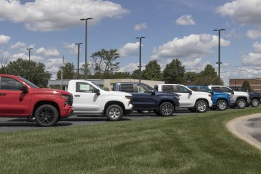 Indianapolis - Circa July 2022: Chevrolet Silverado 1500 display. Chevy offers the Silverado in WT, Trail Boss, LT, RST, and Custom models.