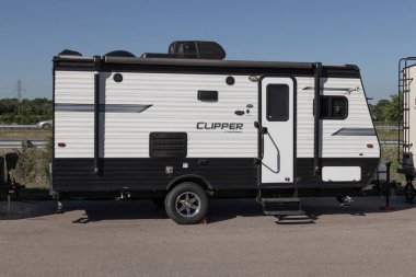 Indianapolis - Circa July 2022: Clipper by Coachmen fifth wheel travel trailer RV. Coachmen is a manufacturer of RV and motorhome vacation vehicles.