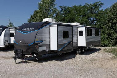 Cincinnati - Circa July 2022: Catalina by Coachmen fifth wheel travel trailer RV. Coachmen is a manufacturer of RV and motorhome vacation vehicles.