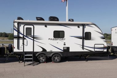 Indianapolis - Circa July 2022: Passport by Keystone travel trailer RV. Keystone RV is a subsidiary of Thor Industries and manufacture luxury RVs.