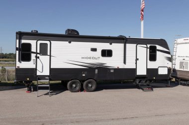 Indianapolis - Circa July 2022: Hideout by Keystone travel trailer RV. Keystone RV is a subsidiary of Thor Industries and manufacture luxury RVs.
