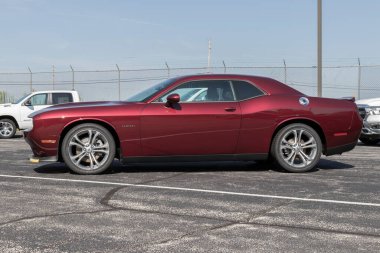 Bunker Hill - Circa August 2022: Dodge Challenger display. Stellantis offers the Challenger in SXT, GT, R/T, R/T Scat Pack and SRT Hellcat models.