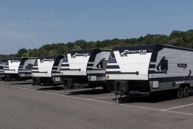 Peru - Circa August 2022: Zinger Fifth Wheel Travel Trailers. Zinger RV is a subsidiary of CrossRoads RV and manufactures fifth-wheel trailers.