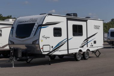 Peru - Circa August 2022: Freedom Express fifth wheel Travel Trailer by Coachmen RV display. Coachmen RV is a Division of Forest River.