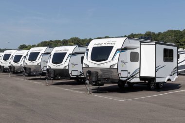 Peru - Circa August 2022: Freedom Express fifth wheel Travel Trailer by Coachmen RV display. Coachmen RV is a Division of Forest River.
