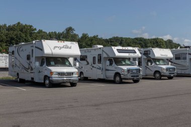 Peru - Circa August 2022: Various RV Motorhomes on display at a dealership. Owning a motorhome is a cost effective way to see the country.