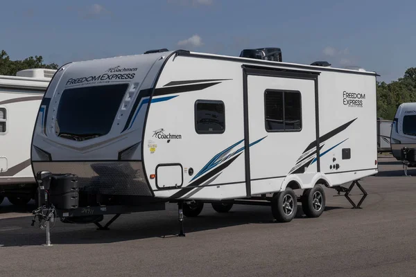 Peru - Circa August 2022: Freedom Express fifth wheel Travel Trailer by Coachmen RV display. Coachmen RV is a Division of Forest River.