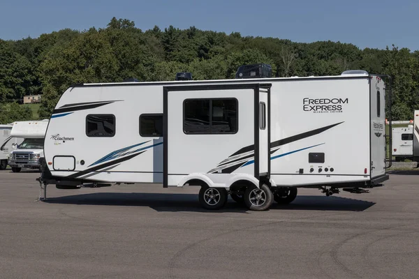 Peru - Circa August 2022: Freedom Express fifth wheel Travel Trailer by Coachmen RV display. Coachmen RV is a Division of Forest River.