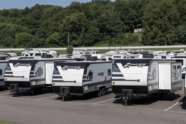 Peru - Circa August 2022: Zinger Fifth Wheel Travel Trailers. Zinger RV is a subsidiary of CrossRoads RV and manufactures fifth-wheel trailers.