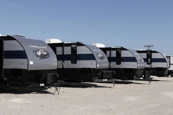Bunker Hill - Circa August 2022: Cherokee Travel Trailer Fifth Wheel display. Cherokee RV is a division of Forest River.