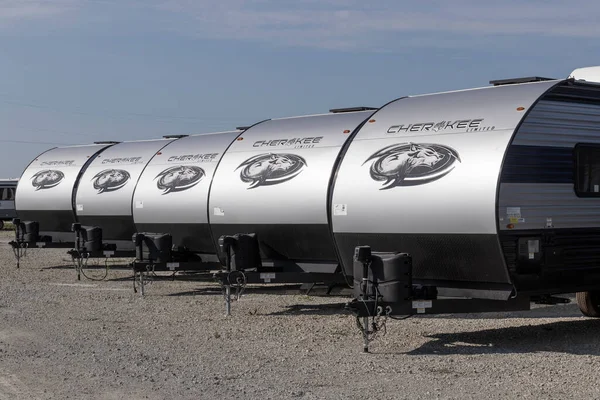 Bunker Hill - Circa August 2022: Cherokee Travel Trailer Fifth Wheel display. Cherokee RV is a division of Forest River.