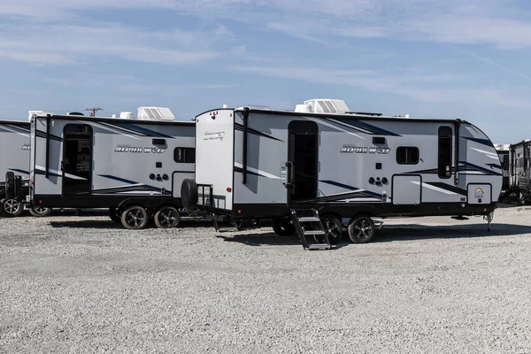 Bunker Hill - Circa August 2022: Cherokee Alpha Wolf Travel Trailer Fifth Wheel display. Cherokee RV is a division of Forest River.