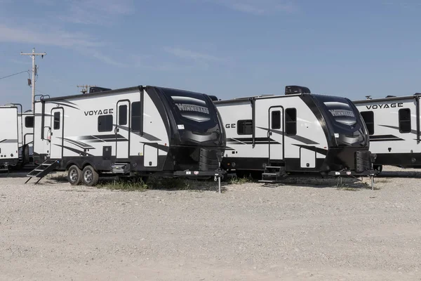 Bunker Hill - Circa August 2022: Winnebago Voyager fifth wheel travel trailer. Winnebago is a manufacturer of RV and motorhome vacation vehicles.