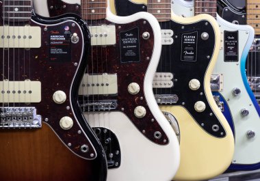 Muncie - Circa August 2022: Fender Jazzmaster guitar display at a music store. Jazzmaster guitars are associated with Grunge and Surf music.