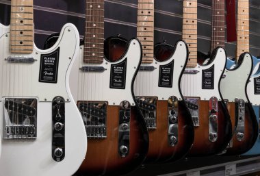Muncie - Circa August 2022: Fender Telecaster guitar display at a music store. Teles are world renowned for their distinctive twangy sound.