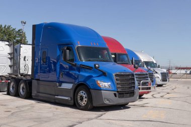 Indianapolis - Circa August 2022: Freightliner Big Rig Semi Tractor Trailer Trucks on display at a dealership. Freightliner is owned by Daimler.