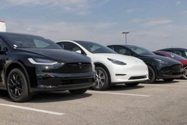 Indianapolis - Eylül 2022: Tesla EV elektrikli araçlar sergilenmektedir. Tesla ürünleri arasında elektrikli arabalar, batarya enerji deposu ve güneş panelleri yer alıyor.