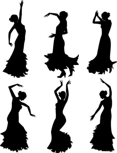 Sei silhouette di danza flamenco — Vettoriale Stock