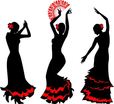 Flamenko dansçısı fan ile üç silhouettes