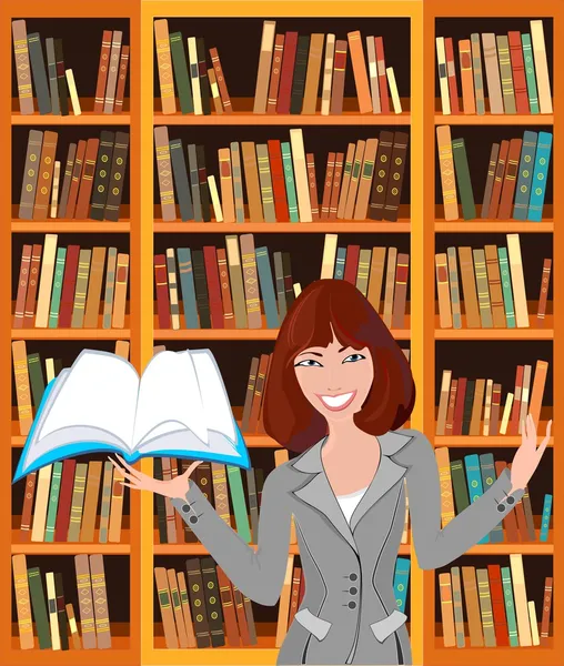 Librarian with an open book on background bookshelf — Stock Vector