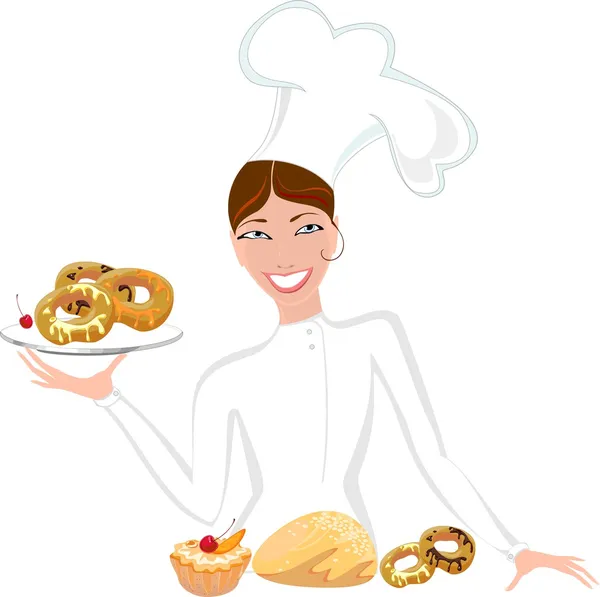 Female baker with sweet pastry — Stock Vector