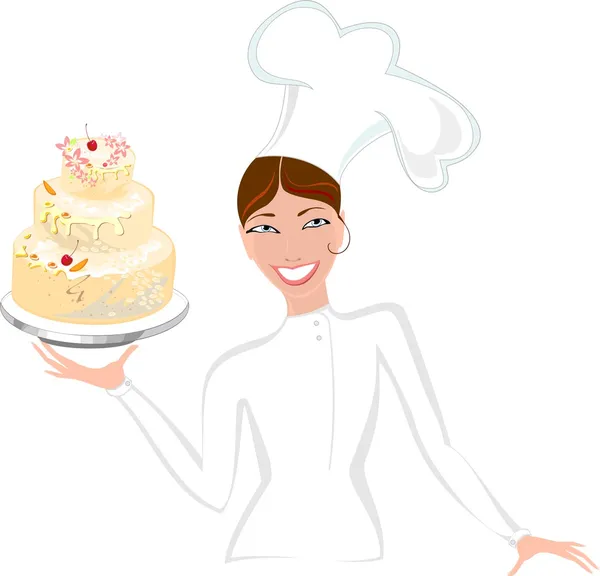 Sorrindo padeiro feminino com bolo —  Vetores de Stock