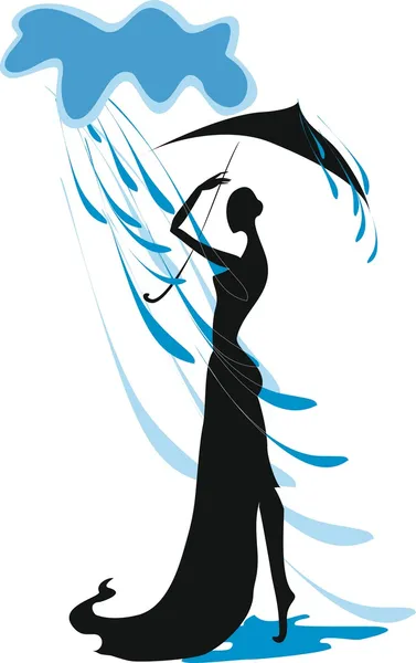 Silhouette of a girl with an umbrella in the rain — Stock Vector