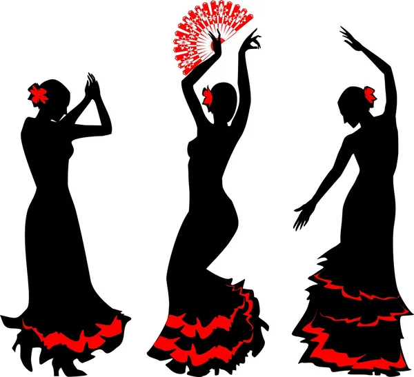 Tres siluetas de bailarina flamenca con abanico — Archivo Imágenes Vectoriales