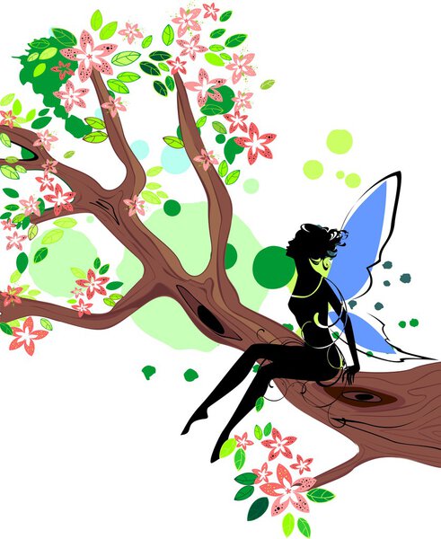 Silhouette of fairy sitting on branch of blossoming tree