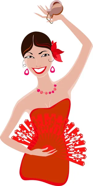 Bailarina de flamenco con abanico y castañuelas — Vector de stock