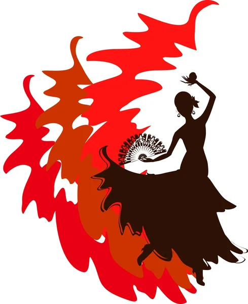 Silhueta de dançarina de flamenco com ventilador e castanholas — Vetor de Stock