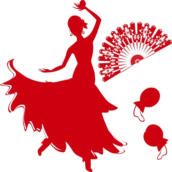 Silhouette of flamenco dancer with fan and castanets — Stock Vector