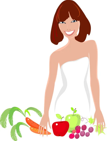 Chica joven con verduras frescas y frutas — Vector de stock